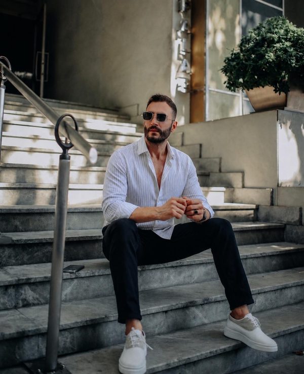 Erkek Beyaz Çizgili Relaxed Fit Keten Gömlek