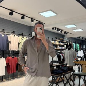 Gri Vizon Keten Karışımlı Casual Gömlek